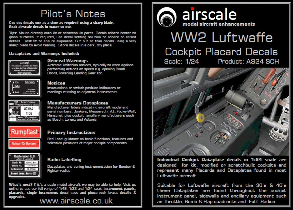 Airscale 1/24 Luftwaffe Cockpit Placards and Dataplates Decals