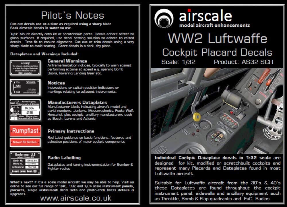 Airscale 1/32 Luftwaffe Cockpit Placards and Dataplates Decals