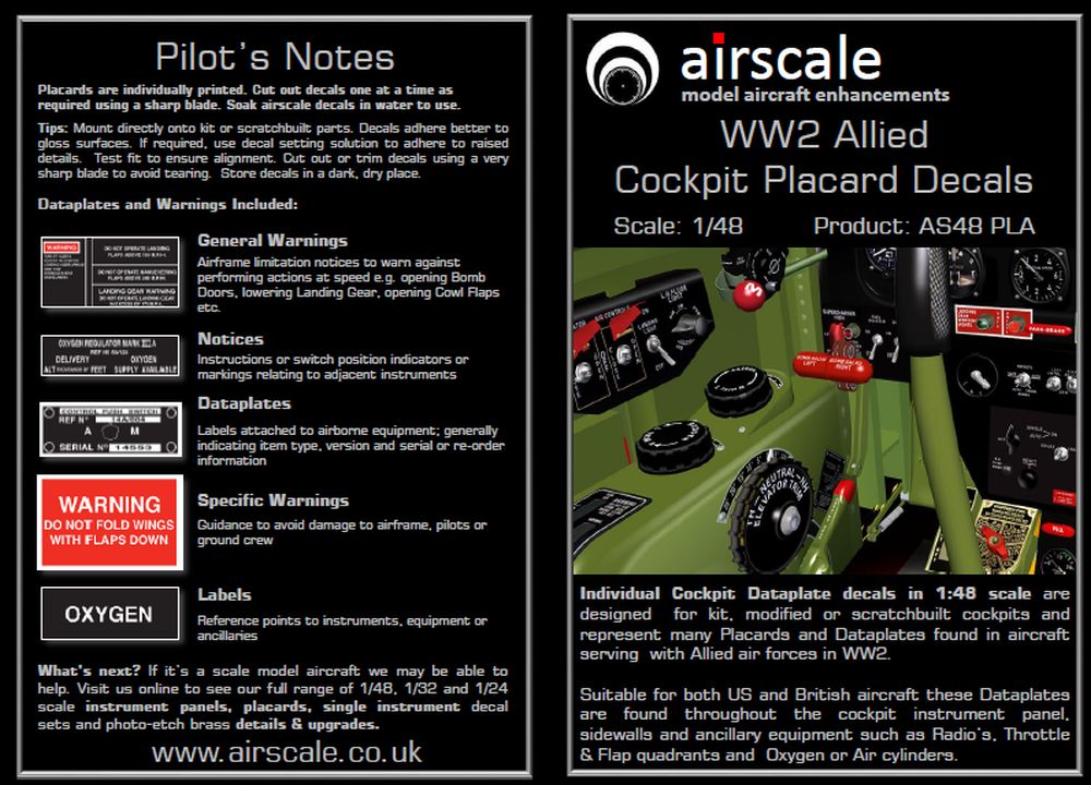 Airscale 1/48 WW2 Allied Cockpit Placards and Dataplates Decals
