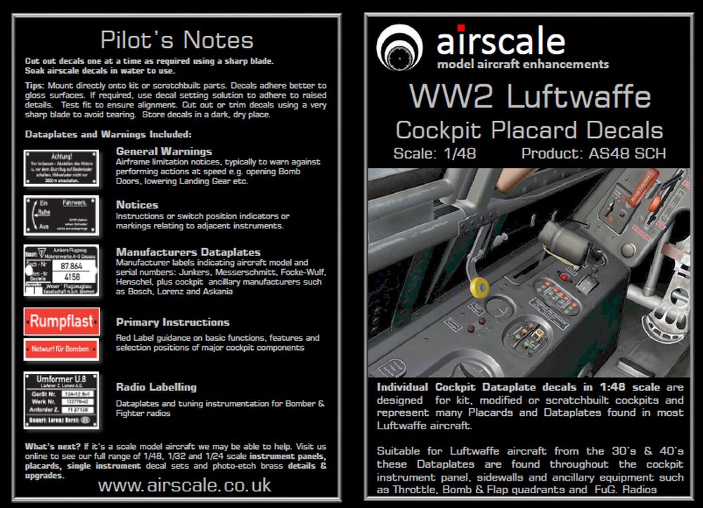 Airscale 1/48 Luftwaffe Cockpit Placards and Dataplates Decals